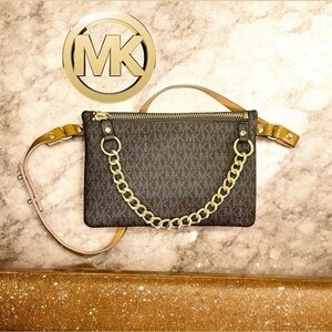 Michael Kors Monogram Signature Brown Belt Bag with Gold Chain Accent